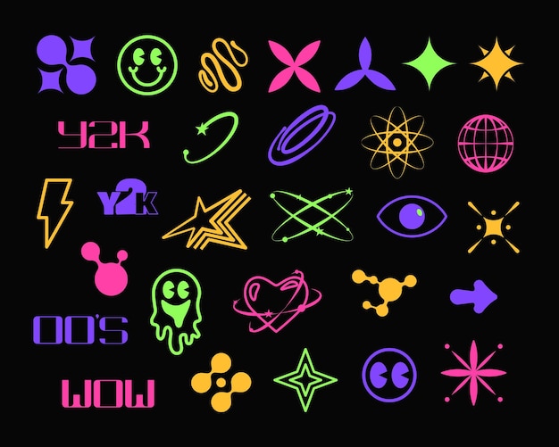 Set von y2k-Futuristischen Säure-Neon-Ikonen