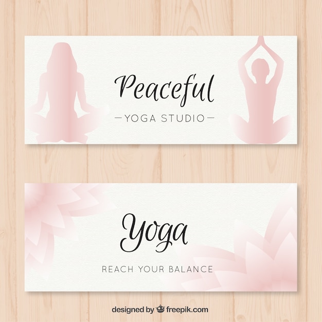 Set von yoga-banner mit silhouetten und blumen