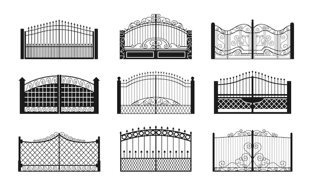 Set von Zauntor-Symbolen Schwarze Metalltür Vektor-Illustration