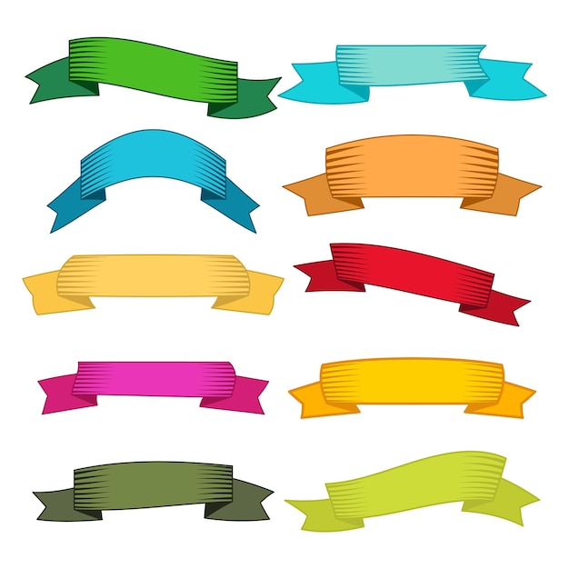 Set von zehn mehrfarbigen Bändern und Bannern für Webdesign. Großes Gestaltungselement lokalisiert auf weißem Hintergrund. Vektor-Illustration.