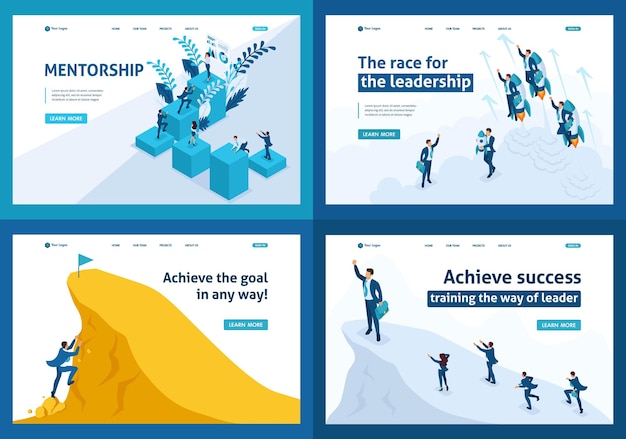 Set von Zielseiten isometrisches Konzept Führung Motivation Ziel Bewegung Mentoring