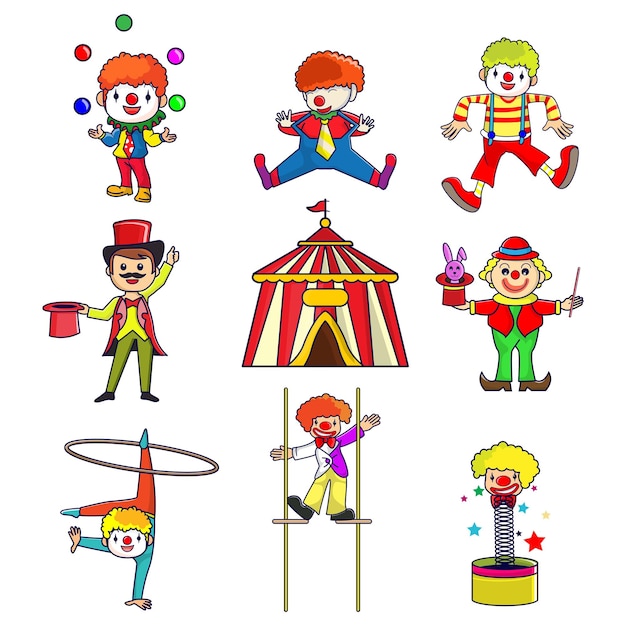 Vektor set von zirkustierelementen zirkusclowns cartoon clown jonglieren lustige clowns nase kostüm mit ballon lachendes clowns gesicht vektorillustration isolierte symbole gesetzt