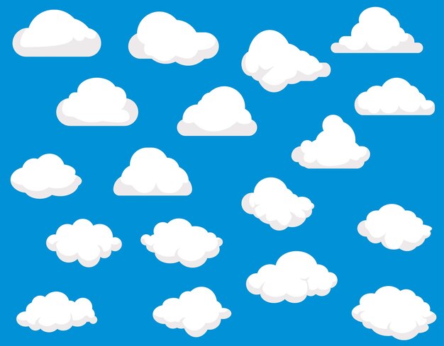Set von zwölf verschiedenen wolken auf blauem hintergrund