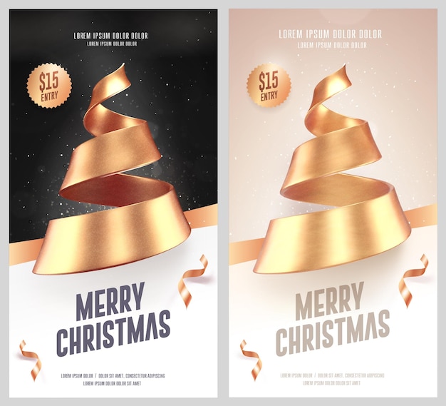 Set weihnachtsflyer mit goldenem weihnachtsbaum aus band