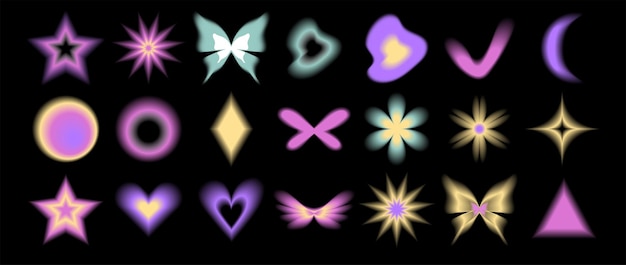 Set y2k Aura verschwommenes Herz Schmetterling und Sterne mit Aura im trendigen Stil y2k