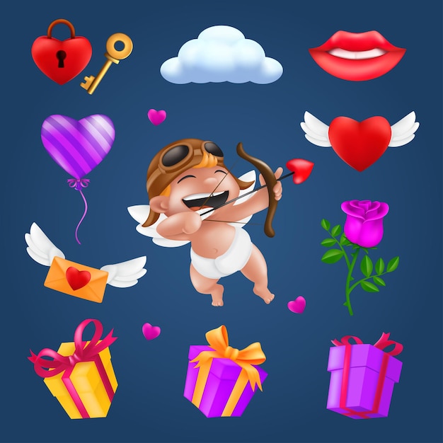 Set zum Valentinstag - kleiner Engel oder Amor, fliegendes Herz mit Flügeln, rote Rosenblume, rosa Ballon, Geschenkbox, Brief, Vorhängeschloss, Schlüssel, lächelnde Lippen, Wolke.