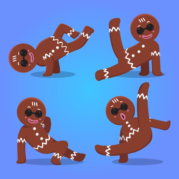 Vektor sets von weihnachtskarikatur-illustrations-lebkuchen, die breakdance tun