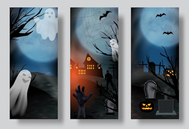 Setze Halloween Poster oder Banner, Friedhof mit Geist und Zombie Hand.