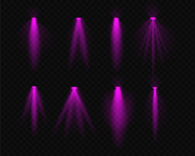 Setze lila realistische Spotlight-Strahlen, die an Oberleuchten und Projektorlichtern ähneln, mit weichem Glanz und Lichtstrahlen auf einem transparenten Hintergrund Ideal für Highlighting und dekorative Effekte