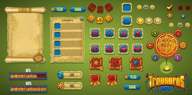 Setze Schaltflächen, Bars, Booster und andere für das Computerspiel Treasures Jungle