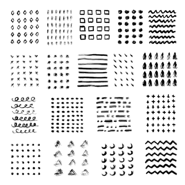 Setzen sie abstrakte muster mit kreisen, punkten, rauten, streifen, dreiecken, quadraten, spiralen, linien