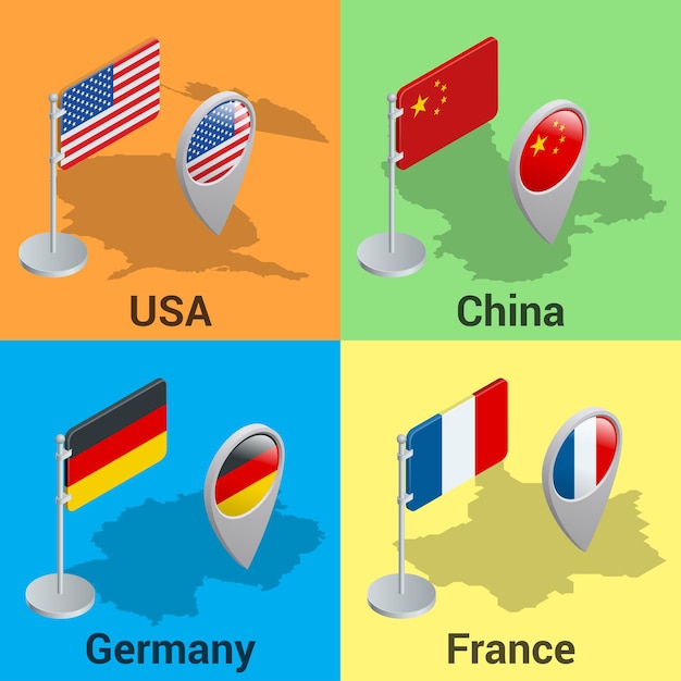 Vektor setzen sie flaggen und gps-standortsymbol. usa, china, deutschland und frankreich. flache isometrische 3d-vektorillustration.