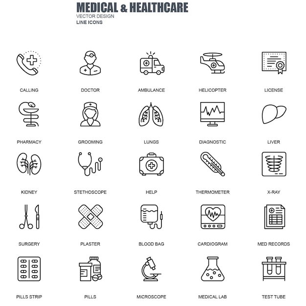Setzen Sie medizinische und Gesundheitslinie-Symbole ein