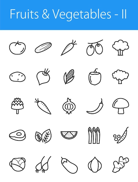 Vektor setzen sie obst- und gemüselinien-symbole ein