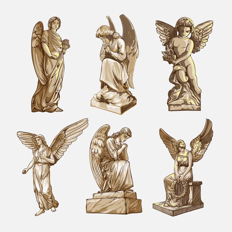 Vektor setzen sie weinende betende engelsskulpturen mit flügeln in bewegung. monochrome darstellung der statuen eines engels. isoliert. vektor-illustration