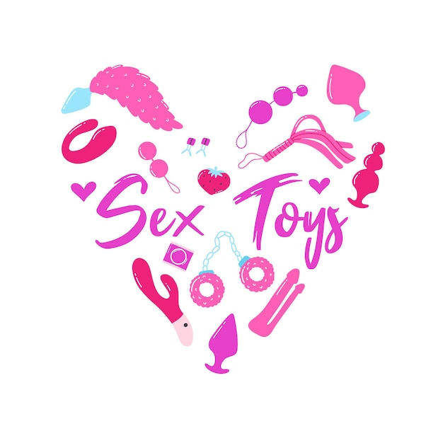 Vektor sexspielzeug poster für sexshop spielzeug für erwachsene herzdruck für einen laden für erwachsene vibratoren vaginalkugeln peitsche buttplugs vektorillustration