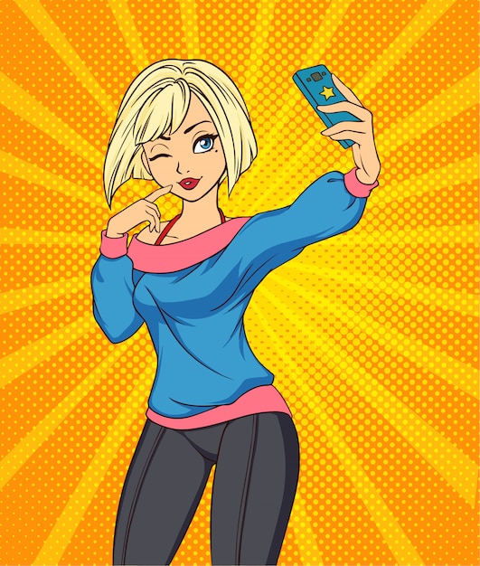 Sexy cartoon-mädchen macht ein selfie. hand gezeichnete illustration der pop-art-art. blondes mädchen auf gelbem hintergrund.