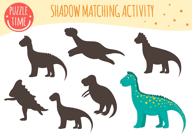 Shadow matching aktivität für kinder. dinosaurier thema. nette lustige lächelnde dinos.