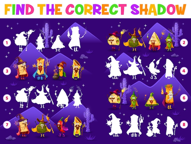 Shadow-Matching-Spiel Cartoon Tex Mex Food Wizards