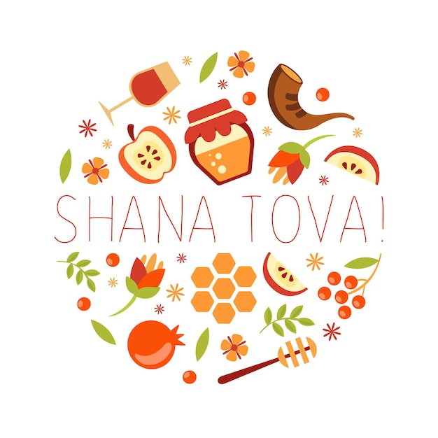 Shana Tova Banner Vorlage Traditionelle jüdische Neujahrsfeiertag Poster Postkarte oder Einladungskarte mit Symbolen des Feiertags von runden Form Vektor Illustration