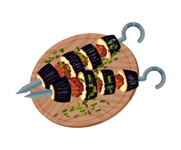 Shashlik mit fleisch und aubergine vektor-illustration von oben