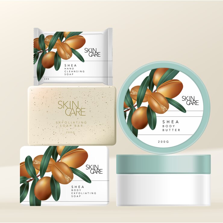 Shea Butter Körperpeeling und Hand- oder Gesichtsreinigungsseife & Körperbutterglasverpackung mit minimalem Shea Buttermuttern-Illustrationsdruck.
