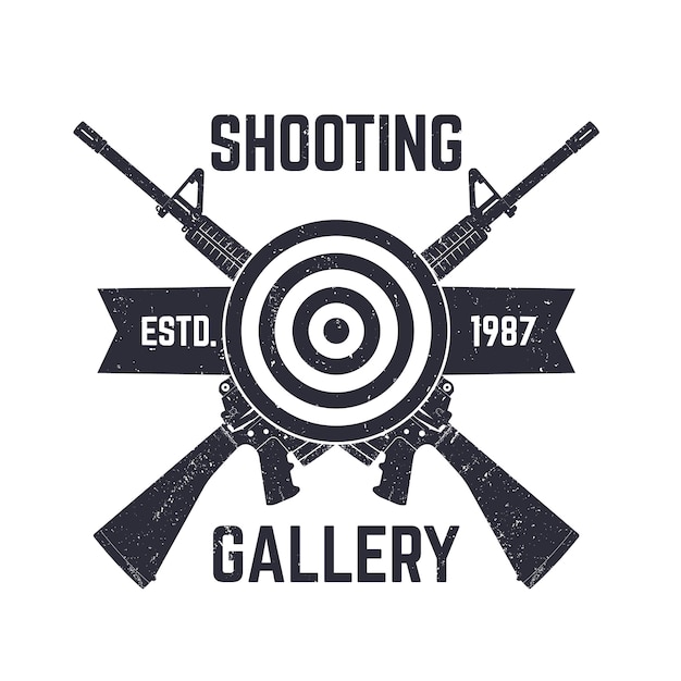 Shooting gallery logo, schild mit gekreuzten sturmgewehren, illustration