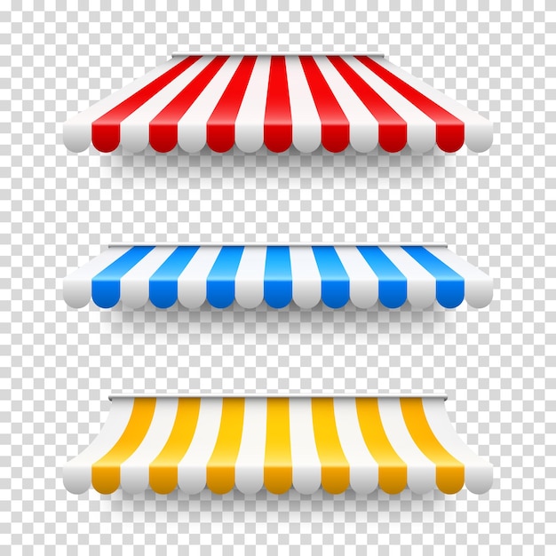 Shop-Schirm Realistische gestreifte Kaffee-Tinte Außenmarktzelt Dachdach Sommerstraßenladen Vektor-Illustration