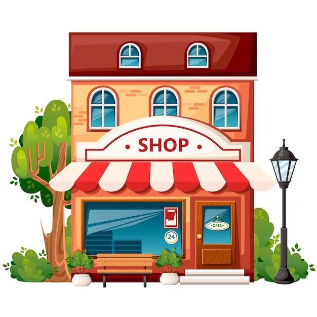 Shop Vorderansicht. Stadtelemente. . Mit offenem Schild, Bank, Straßenlaterne, grünen Büschen und Bäumen lagern. Illustration auf weißem Hintergrund.