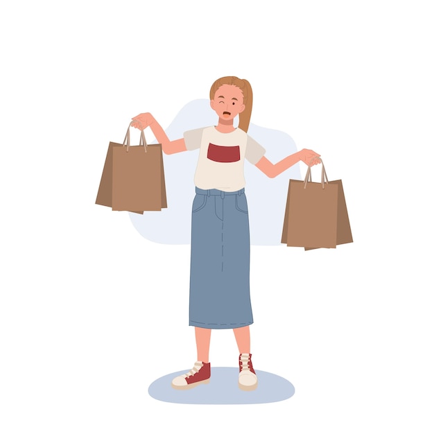 Shopping-konzept frau zeigt ihre einkaufstaschen flache cartoon-vektor-illustration