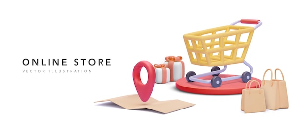 Shopping Sale Promotion Banner mit 3D-Warenkorb auf Plattform und Geschenke Einkaufstaschen Karte mit Zeiger isoliert auf weißem Hintergrund Vektor-Illustration