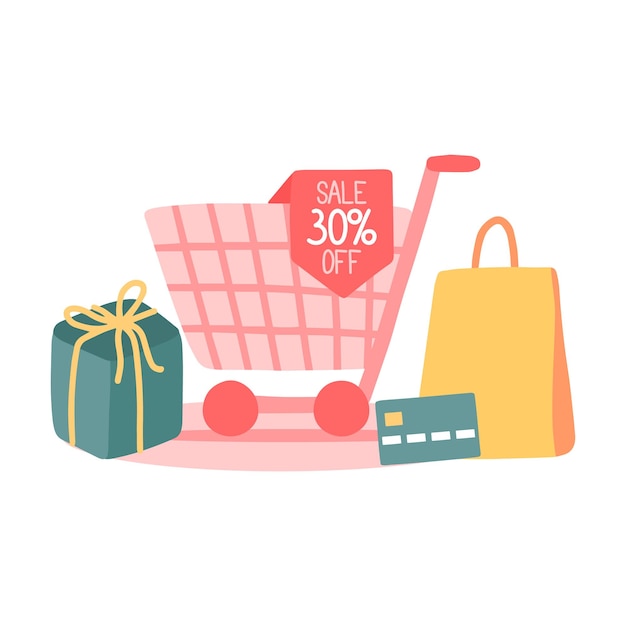 Shopping Sale Promotion Banner Warenkorb und Kreditkarte Konzept mit großem Rabatt