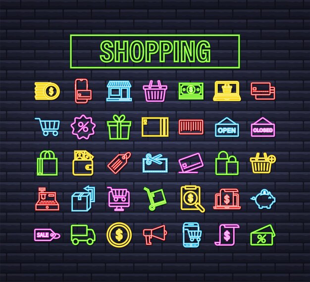 Shopping set neon icon für webdesign. e-commerce. rabattgutschein. business-symbol. preisschild. linienvektor. vektorgrafik auf lager.