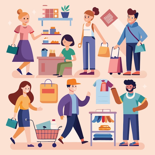 Shopping Spree Menschen genießen die Einzelhandelstherapie mit Taschen und Wagen