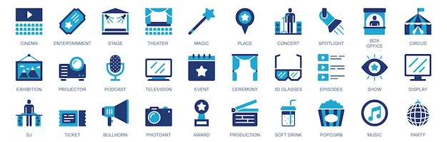 Show and entertainment icon set in flat duotone solid icons web design Pack pictograms with cinema theater magic place concert box office circus exhibition event other Vector illustration