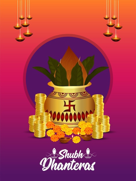 Shubh dhanteras feier flyer mit goldmünze und kalash