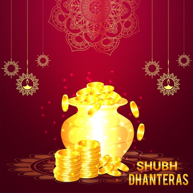 Shubh dhanteras feiergrußkarte mit goldmünzentopf