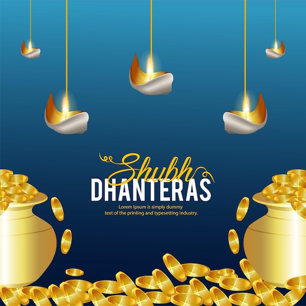 Shubh dhanteras feiergrußkarte mit realistischem goldmünzenkalash