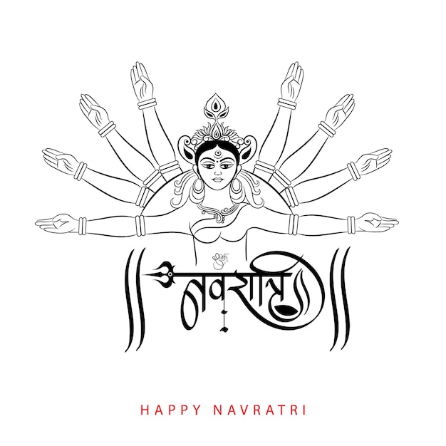 Vektor shubh navratri hindi-kalligraphie und göttin durga-porträtumrissillustration