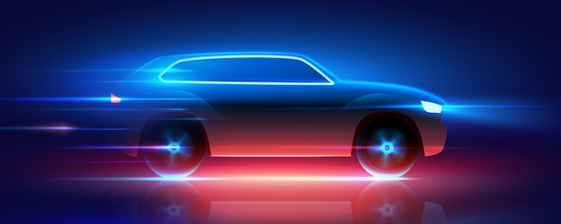 Vektor sich schnell bewegendes suv-auto mit blau und rot leuchtenden neonlichtern, die mit hochgeschwindigkeitsvektorillustration rauschen