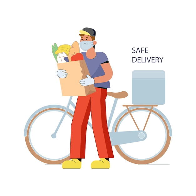 Vektor sichere lebensmittellieferung ein junger kurier trägt eine maske auf einem fahrrad, während er lebensmittel liefert