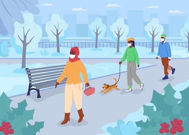 Vektor sicherer spaziergang in der flachen farbvektorillustration des winterparks