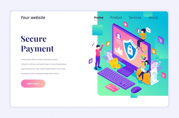 Sicheres zahlungskonzept, isometrische zielseitenvorlage für geldtransferschutz