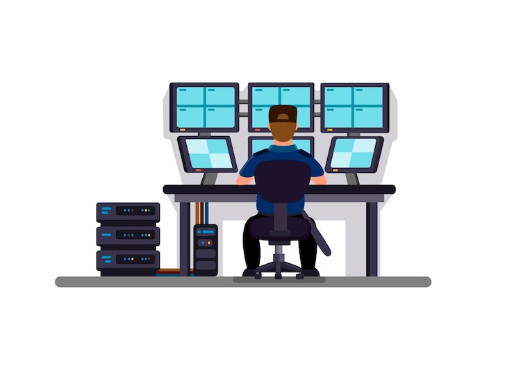 Vektor sicherheit im kontroll-cctv-raum, gebäude-sicherheitsbeamter sitzt und beobachtet den kameramonitor von hinten. konzeptkarikatur flache illustration auf weißem hintergrund