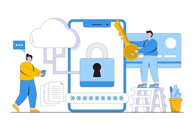 Sicherheit von Flachtelefonen mit Personenzeichenkonzept Minimale Vektorillustration im Designstil für Zielseiten-Webbanner-Infografiken-Heldenbilder
