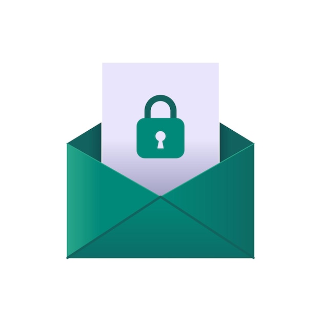 Vektor sicherheitsgeschützter grüner 3d-e-mail-umschlag mit angehängter datei mit sicherheitsvorhängeschloss