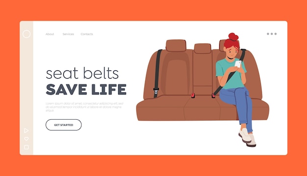 Vektor sicherheitsgurte retten leben landingpage-vorlage mädchenfigur sitzt auf autositz mit smartphone-kindersicherung