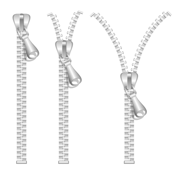 Silber zip set verschiedene typen. vektor-illustration