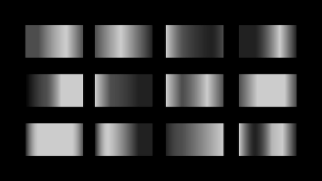 Silberfarbene farbfelder mit farbverlauf einzeln auf schwarzem hintergrund für glänzendes metallisches grafikdesign