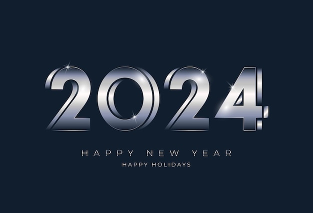 Silberne 2024 neujahrszahlen-typografie-grußkarte mit dunklem hintergrund